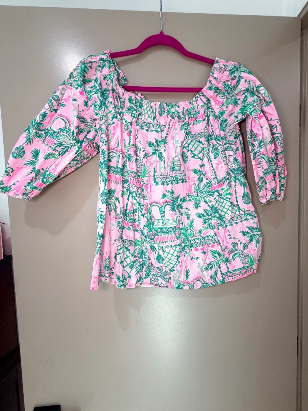 Lilly Pulitzer Pink Green Palm Chinoiserie Top Size XL